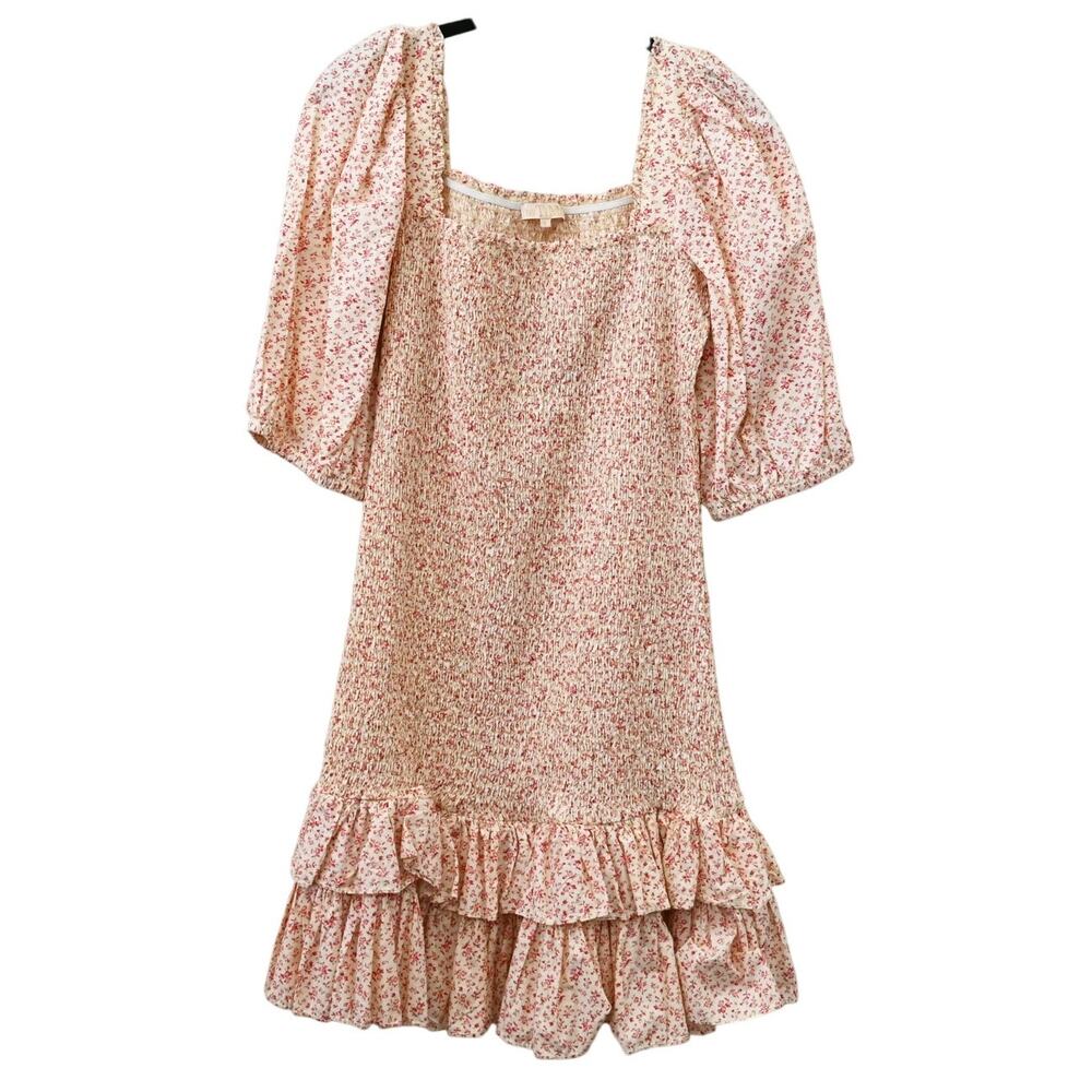 By TiMo Mini Dress Large Cream Red Ditsy Floral Smocked Ruffle Boho Whimsical